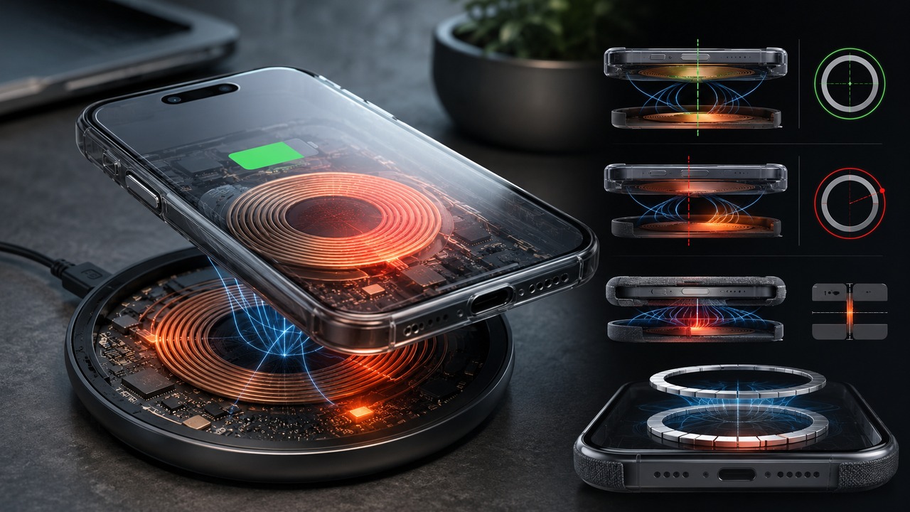 Smartphone em capinha transparente sobre base de carregamento sem fio, com bobinas internas, campo magnético e diagramas de alinhamento e desalinhamento.