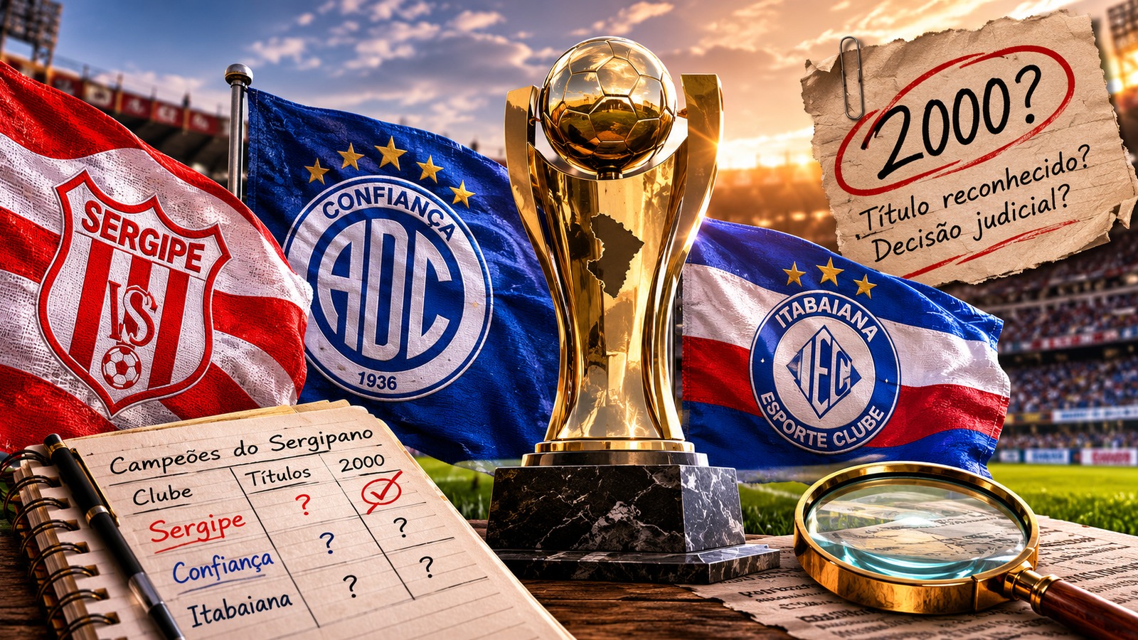 Troféu dourado em um estádio diante de bandeiras estilizadas de Sergipe, Confiança e Itabaiana, com caderno de campeões, lupa e bilhete marcado com 2000 em destaque.