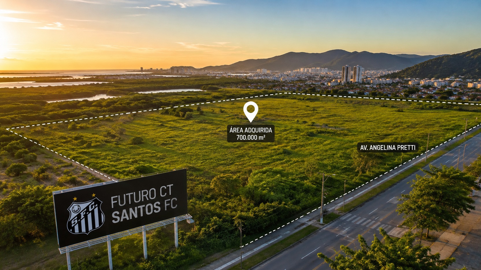 Imagem editorial ilustrativa em vista aérea de grande área verde delimitada ao lado de uma avenida, com marcações de área adquirida, Avenida Angelina Pretti e futuro CT do Santos FC.