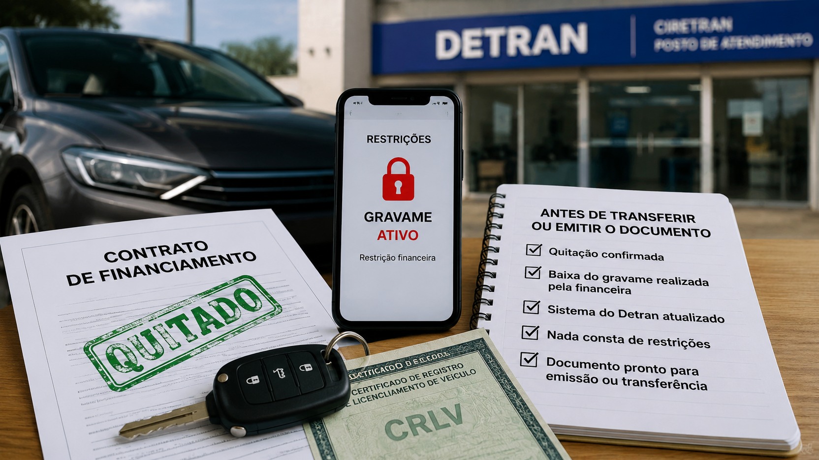Cena editorial com contrato de financiamento marcado como quitado, celular indicando gravame ativo, chave e CRLV diante de uma unidade do Detran.
