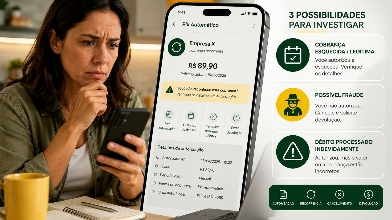 Mulher analisa no celular uma cobrança de Pix Automático, ao lado de tela com autorização, cancelamento, devolução e três cenários de investigação.