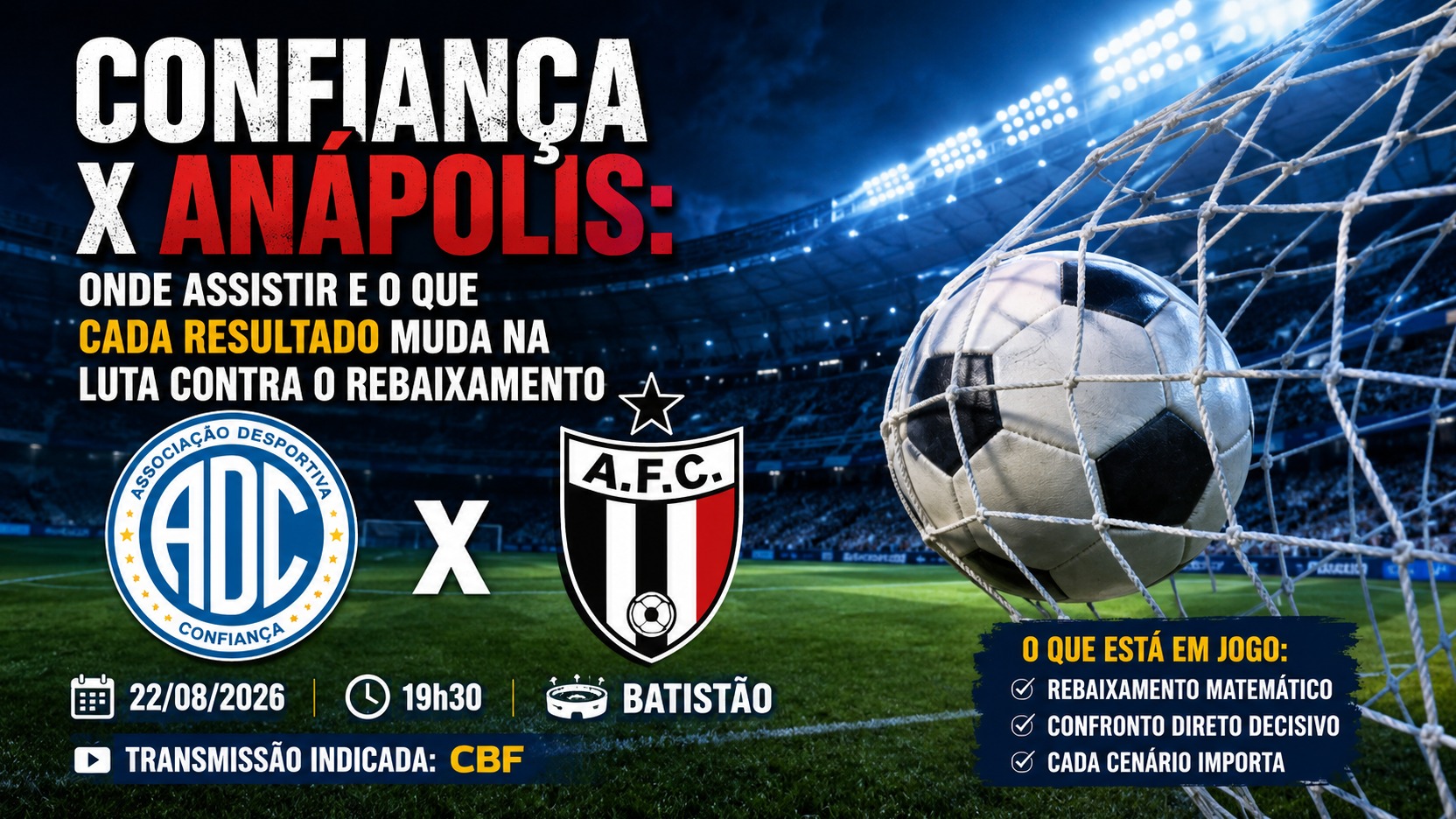 Arte de capa mostra os escudos de Confiança e Anápolis em um estádio iluminado, com uma bola presa à rede e destaques para data, horário e luta contra o rebaixamento.