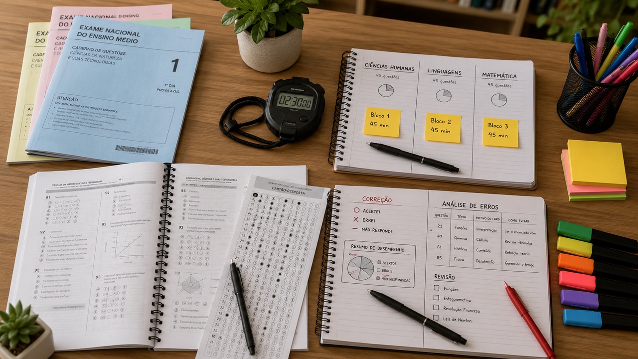 Mesa de estudo com cadernos de provas do Enem, cronômetro, planejamento em blocos e caderno de correção com análise de erros.