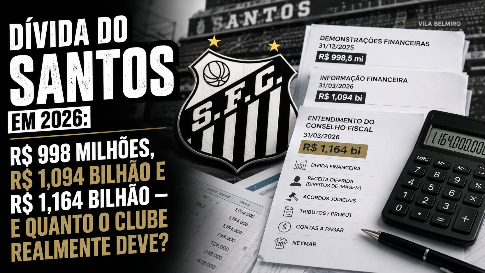 Montagem editorial em preto e branco com o escudo do Santos diante das arquibancadas da Vila Belmiro, demonstrativos financeiros com os valores R$ 998,5 milhões, R$ 1,094 bilhão e R$ 1,164 bilhão, além de calculadora e caneta.