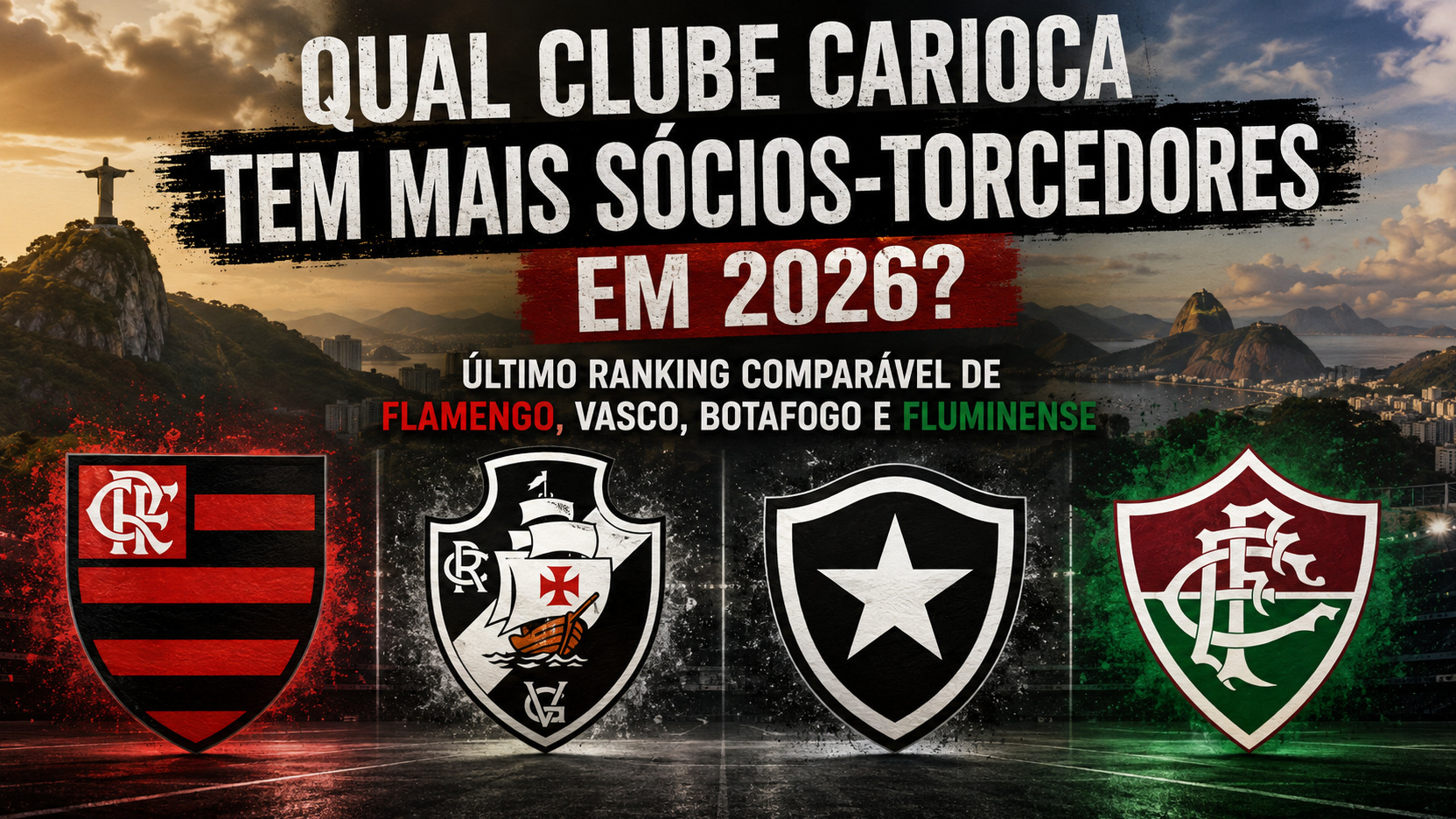 Arte esportiva horizontal com paisagem do Rio de Janeiro ao fundo, pergunta sobre sócios-torcedores em 2026 e escudos de Flamengo, Vasco, Botafogo e Fluminense.