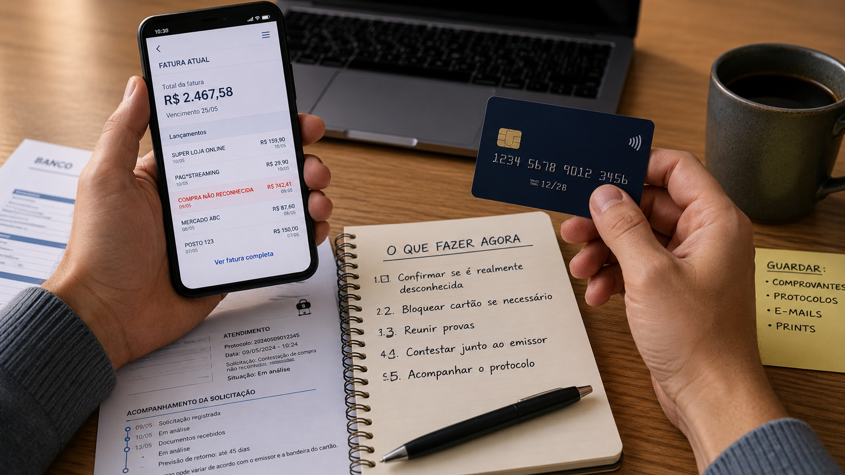 Pessoa segura um celular com a fatura aberta e um cartão de crédito sobre mesa com caderno de passos, comprovantes e protocolos de atendimento.