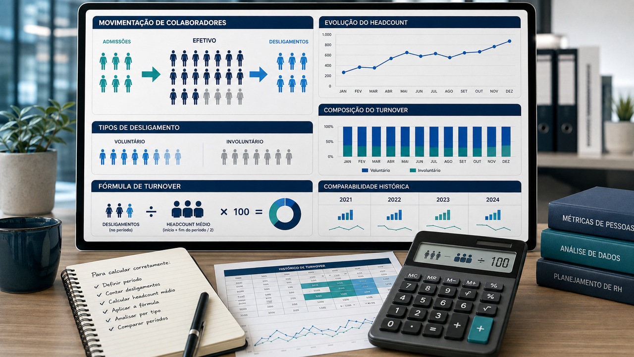 Mesa de trabalho com monitor exibindo dashboard de turnover, admissões, desligamentos, evolução do headcount e composição voluntária e involuntária, ao lado de calculadora e anotações.