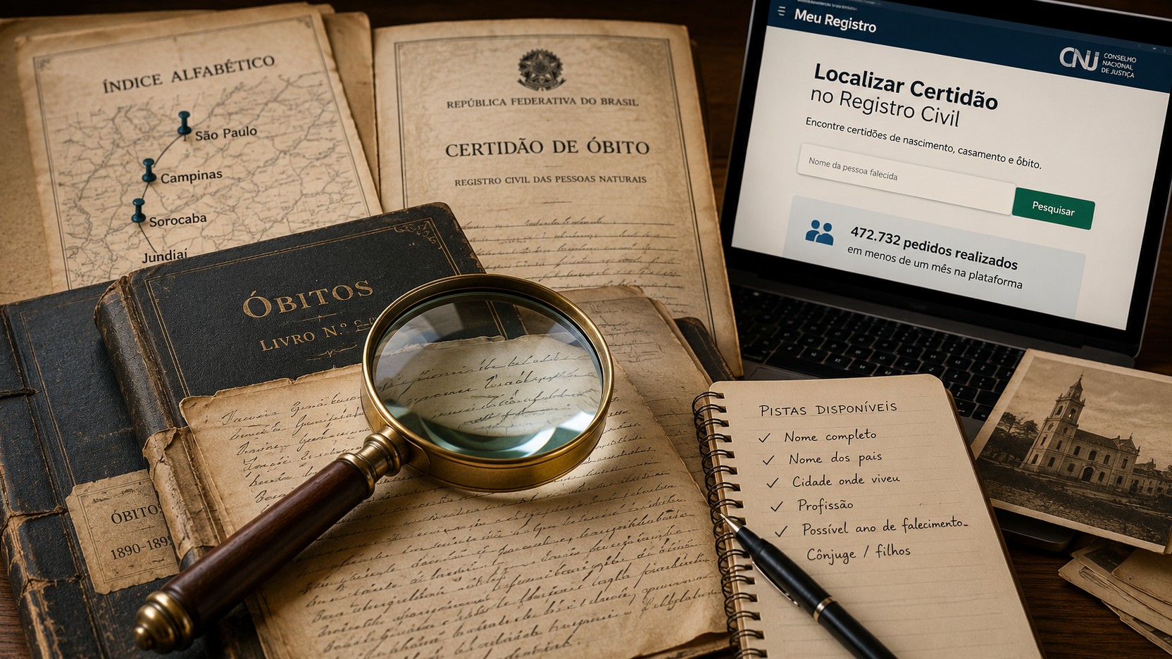 Mesa de pesquisa genealógica com livros antigos de óbitos, certidão, lupa, mapa e notebook exibindo uma busca digital de registros civis.