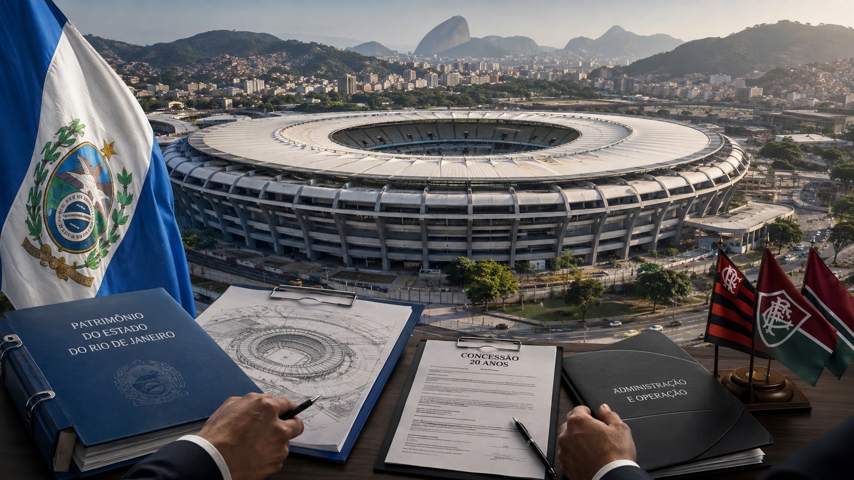 Vista aérea do Maracanã com documentos de concessão e administração em primeiro plano e bandeiras que remetem ao Estado do Rio, Flamengo e Fluminense.