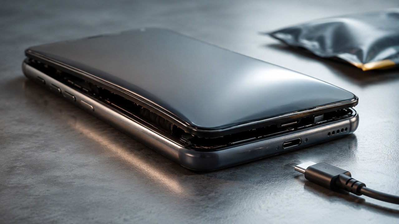 Smartphone com a tela levantada pelo inchaço interno da bateria, ao lado de um cabo de carregamento desconectado