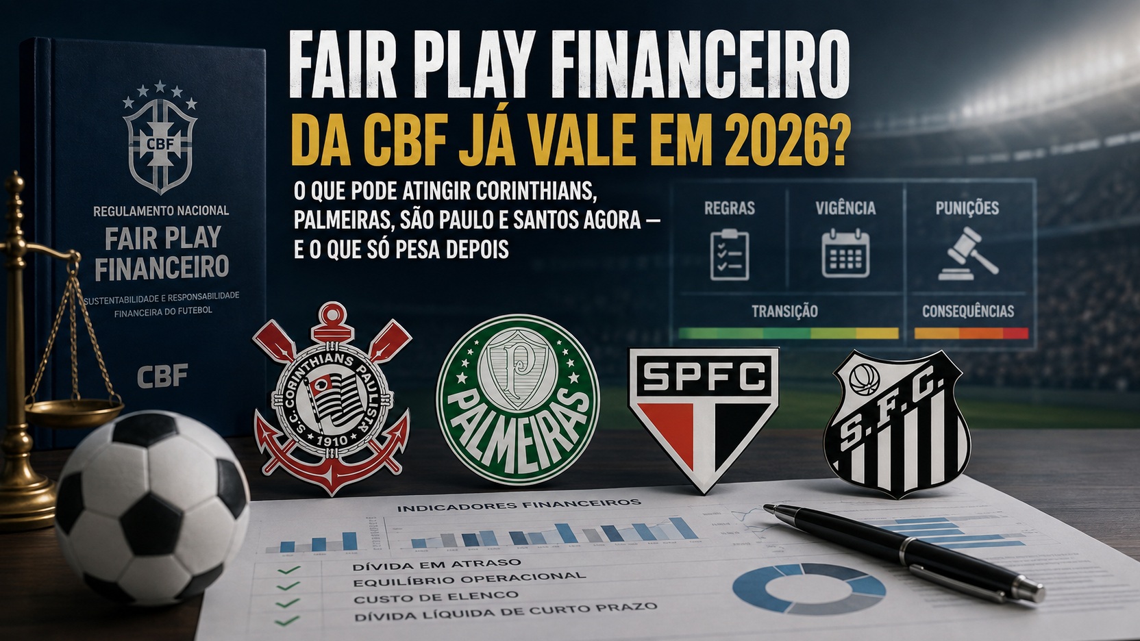 Capa editorial sobre o fair play financeiro da CBF com regulamento, balança, bola, indicadores financeiros e os escudos de Corinthians, Palmeiras, São Paulo e Santos em um ambiente de estádio.