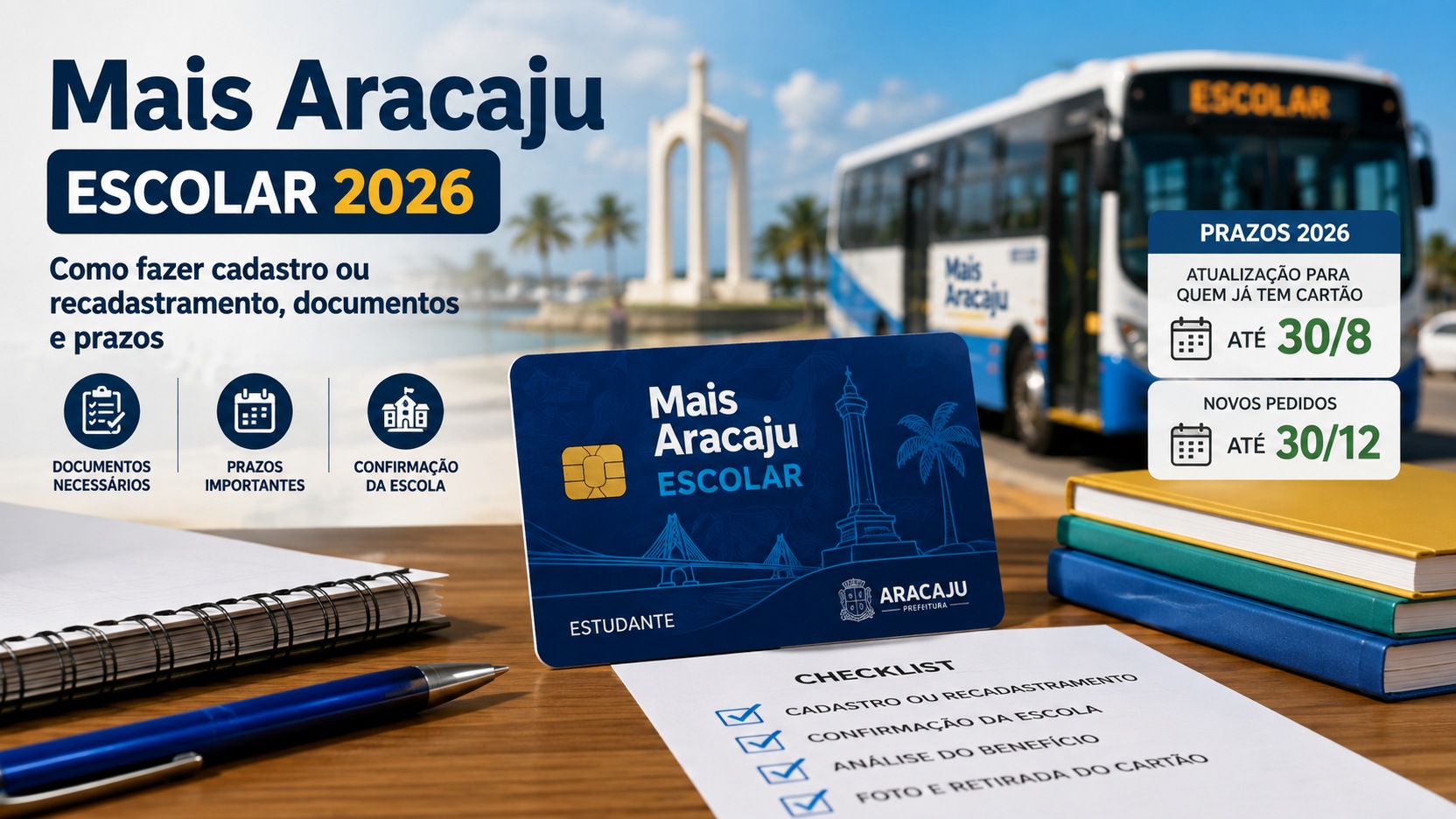 Arte editorial com cartão azul do Mais Aracaju Escolar 2026, checklist de cadastro, cadernos e ônibus ao fundo.