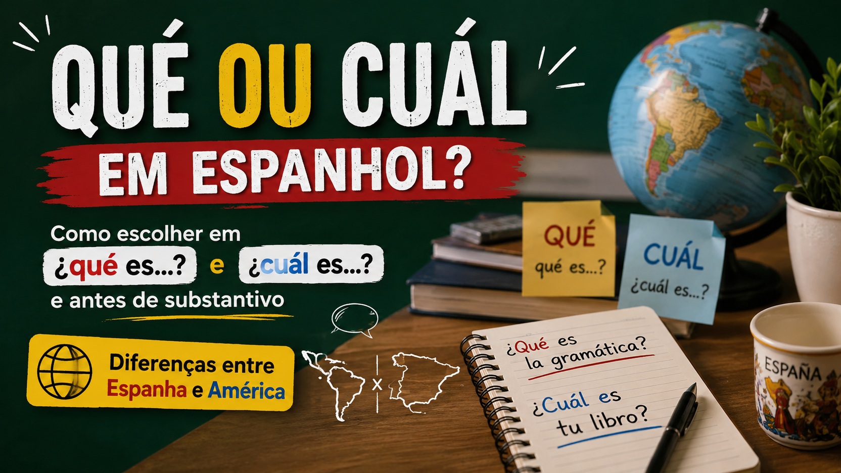 Capa educativa com quadro verde escrito “Qué ou cuál em espanhol?”, globo, livros e caderno com os exemplos “¿Qué es la gramática?” e “¿Cuál es tu libro?”, destacando Espanha e América.