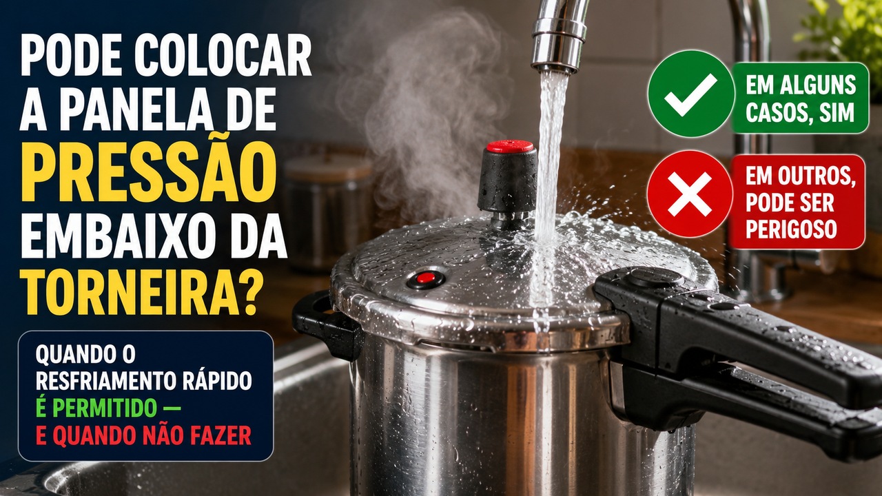 Panela de pressão de aço inox sob água corrente da torneira, com vapor ao redor e sinais visuais indicando que o método pode ser permitido ou perigoso conforme o caso.
