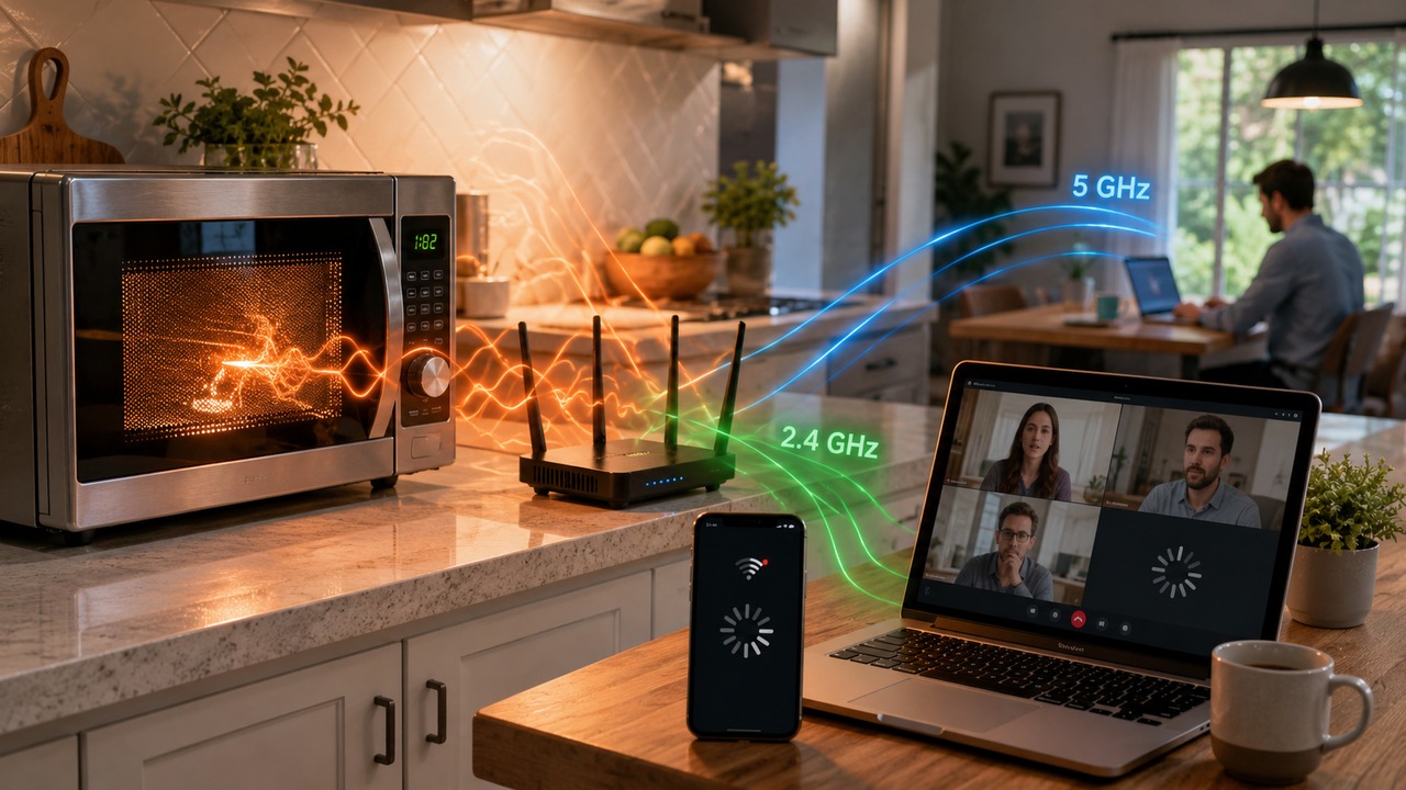 Cozinha com micro-ondas ligado ao lado de um roteador, ondas ilustradas de 2,4 GHz e 5 GHz e notebook e celular exibindo travamento de conexão.