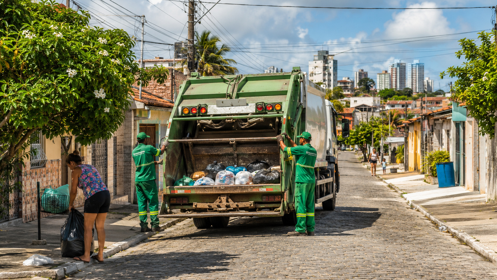 Caminhão de coleta de lixo com dois trabalhadores da limpeza urbana em uma rua residencial, enquanto uma moradora coloca um saco de lixo junto à calçada.