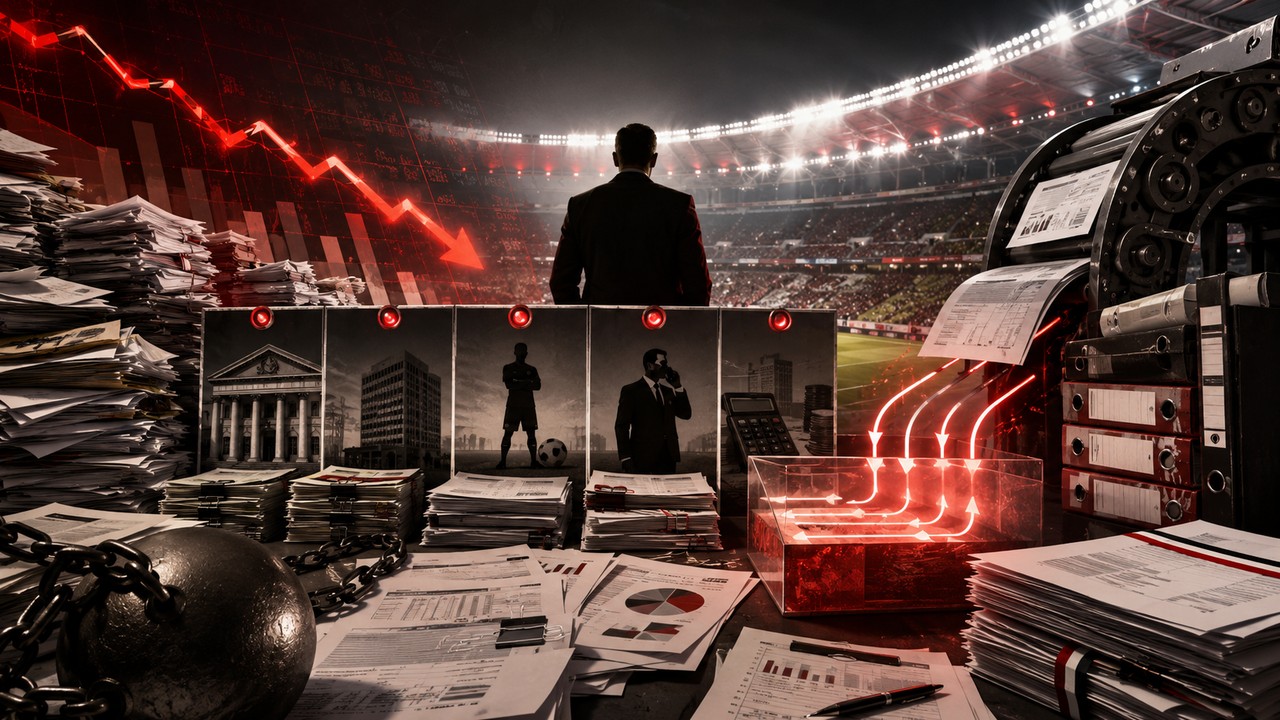 Montagem editorial com estádio iluminado ao fundo, pilhas de documentos financeiros, gráfico vermelho em queda, dirigente em silhueta e fluxos que simbolizam dívida e reestruturação.