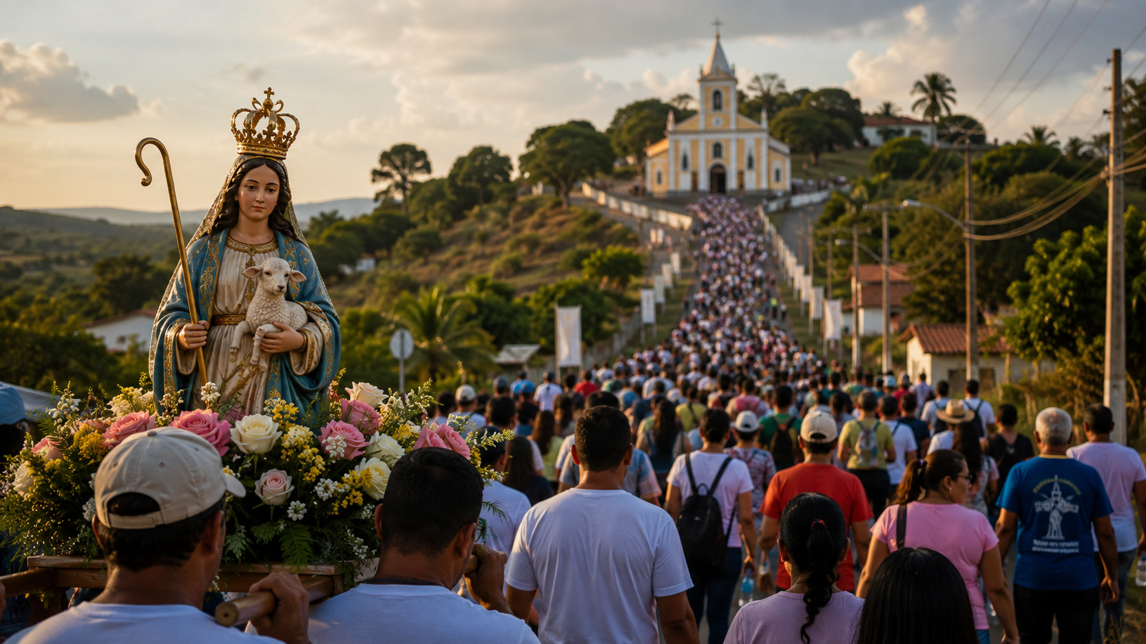 Multidão de peregrinos caminha por estrada rural em direção a uma igreja, com imagem mariana coroada sobre andor florido em primeiro plano.