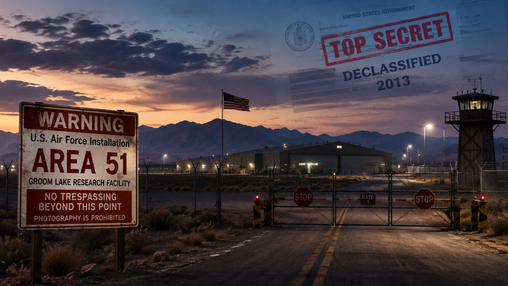 Cena editorial de uma instalação militar isolada no deserto, com portão de segurança, placa de Área 51, torre de vigilância e referência visual a documentos desclassificados.