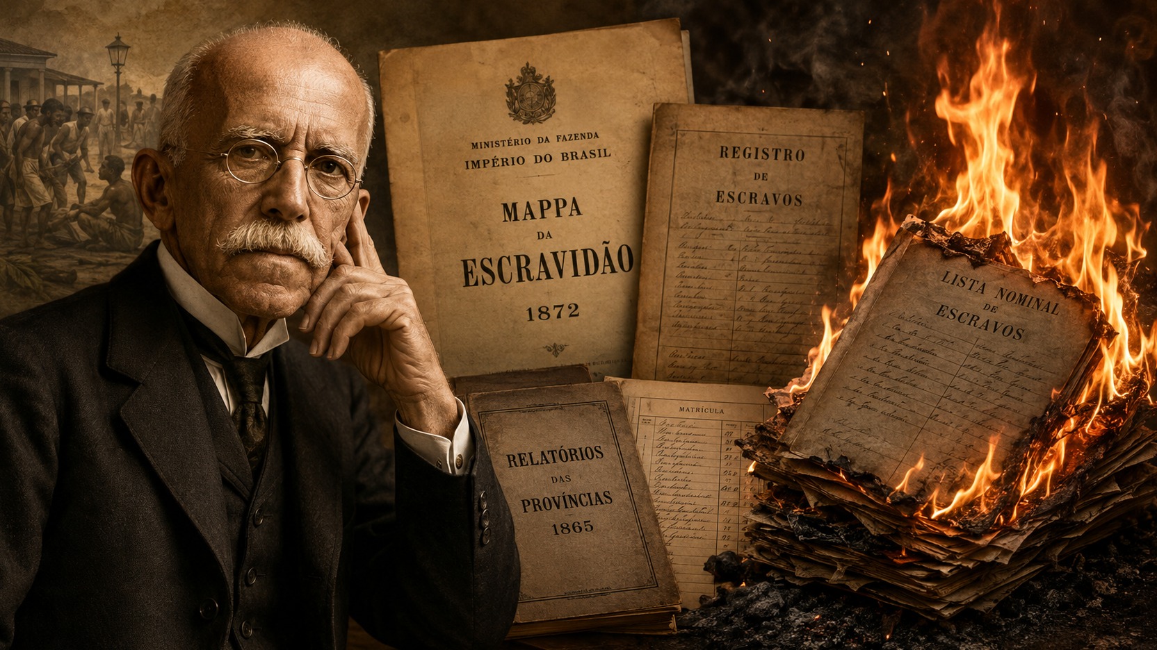 Ilustração editorial em tons sépia com figura de Rui Barbosa diante de livros e registros históricos, enquanto uma pilha de documentos sobre a escravidão arde em chamas.