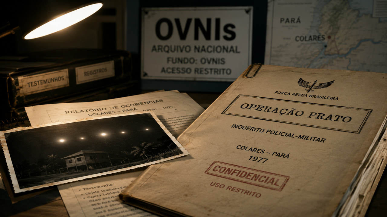 Composição editorial ilustrativa de uma mesa com dossiê da Operação Prato, registros de OVNIs, mapa de Colares e fotografia noturna com pontos luminosos.