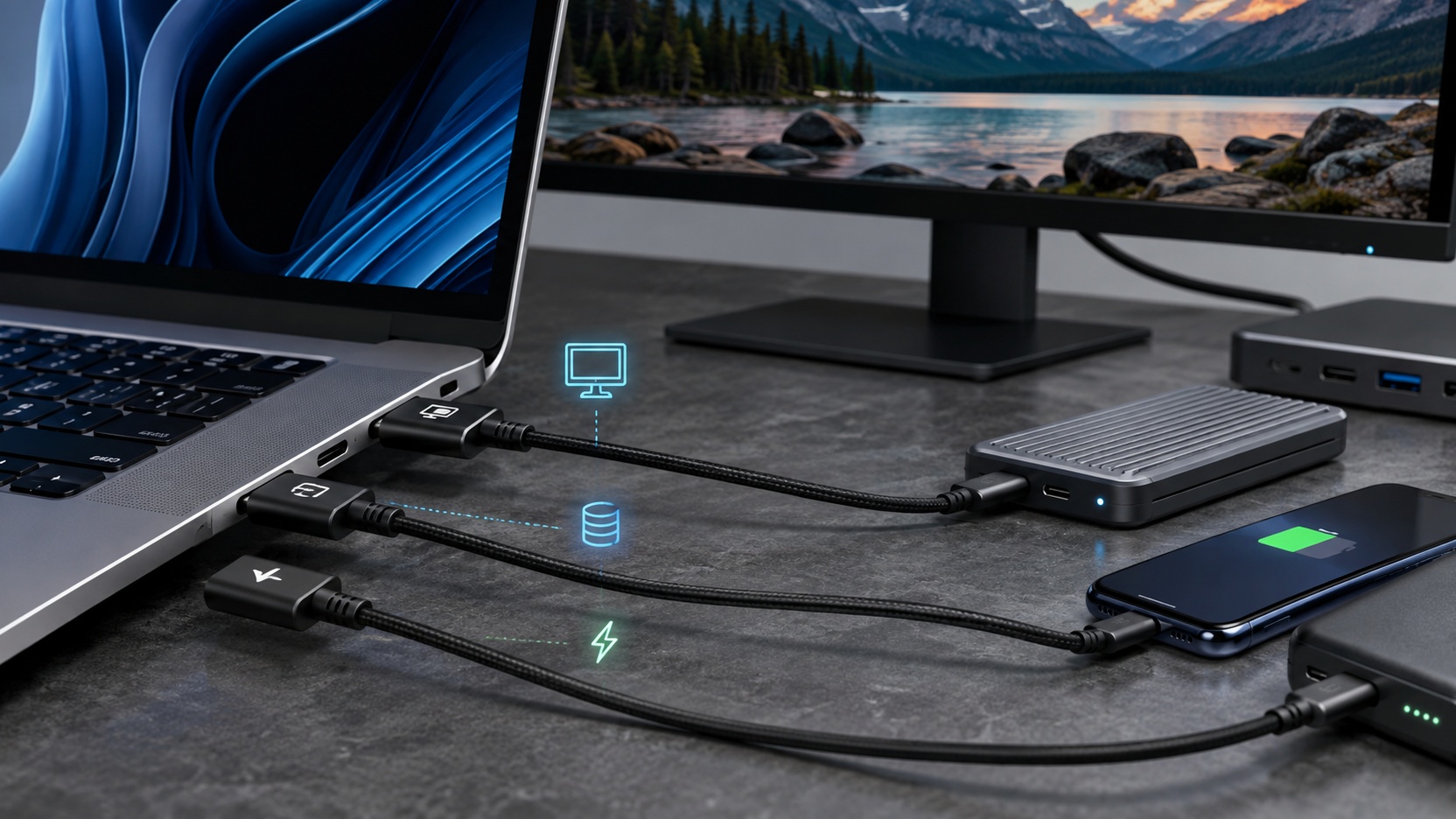 Notebook conectado por cabos USB-C a monitor, SSD externo e smartphone, com símbolos indicando vídeo, dados e carregamento.