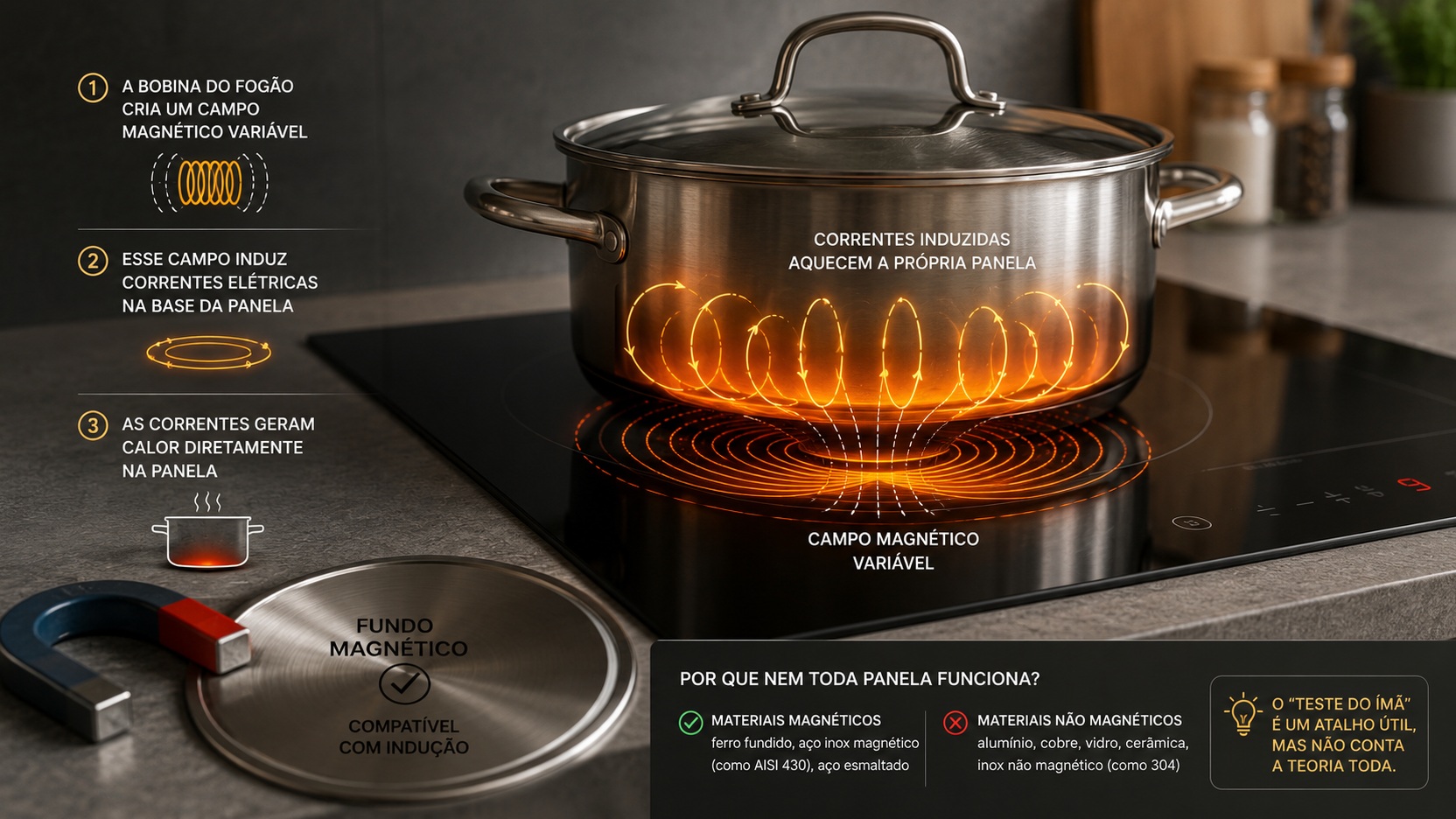 Panela metálica sobre cooktop de indução, com ilustração de campo magnético, correntes induzidas e teste de ímã em uma base compatível.