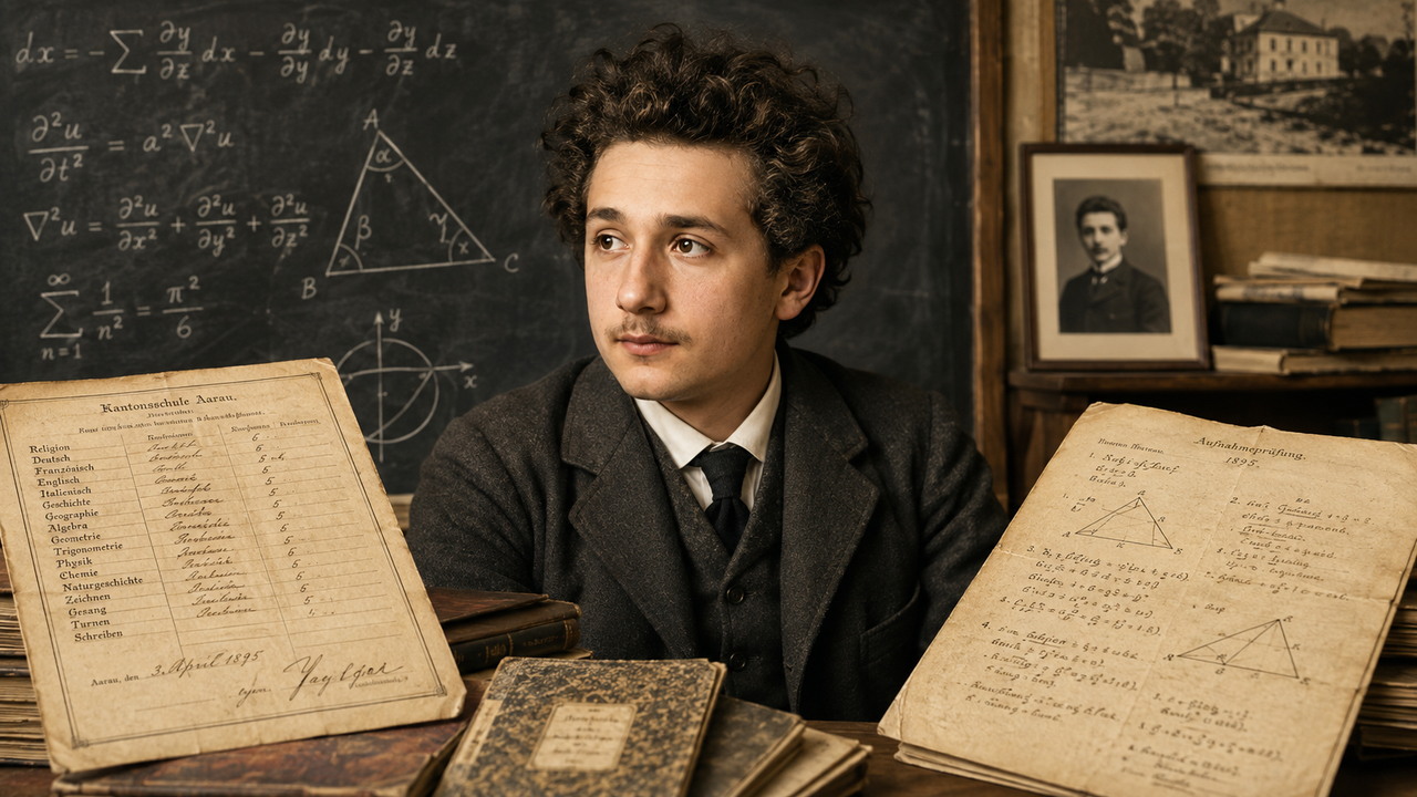 Ilustração editorial de um jovem Albert Einstein diante de um quadro com fórmulas, entre documentos escolares que remetem a Aarau e à prova de admissão de 1895.