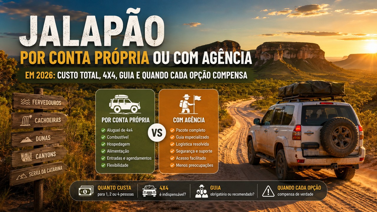 Capa editorial do Jalapão com veículo 4x4 em estrada de terra ao pôr do sol e painéis comparando viagem por conta própria e com agência.