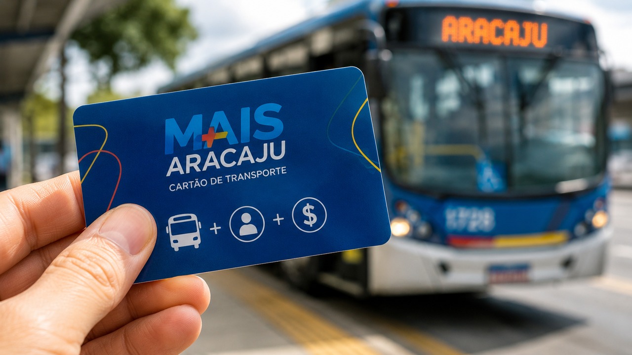 Mão segurando um cartão azul Mais Aracaju em primeiro plano, com um ônibus urbano azul e branco desfocado ao fundo.