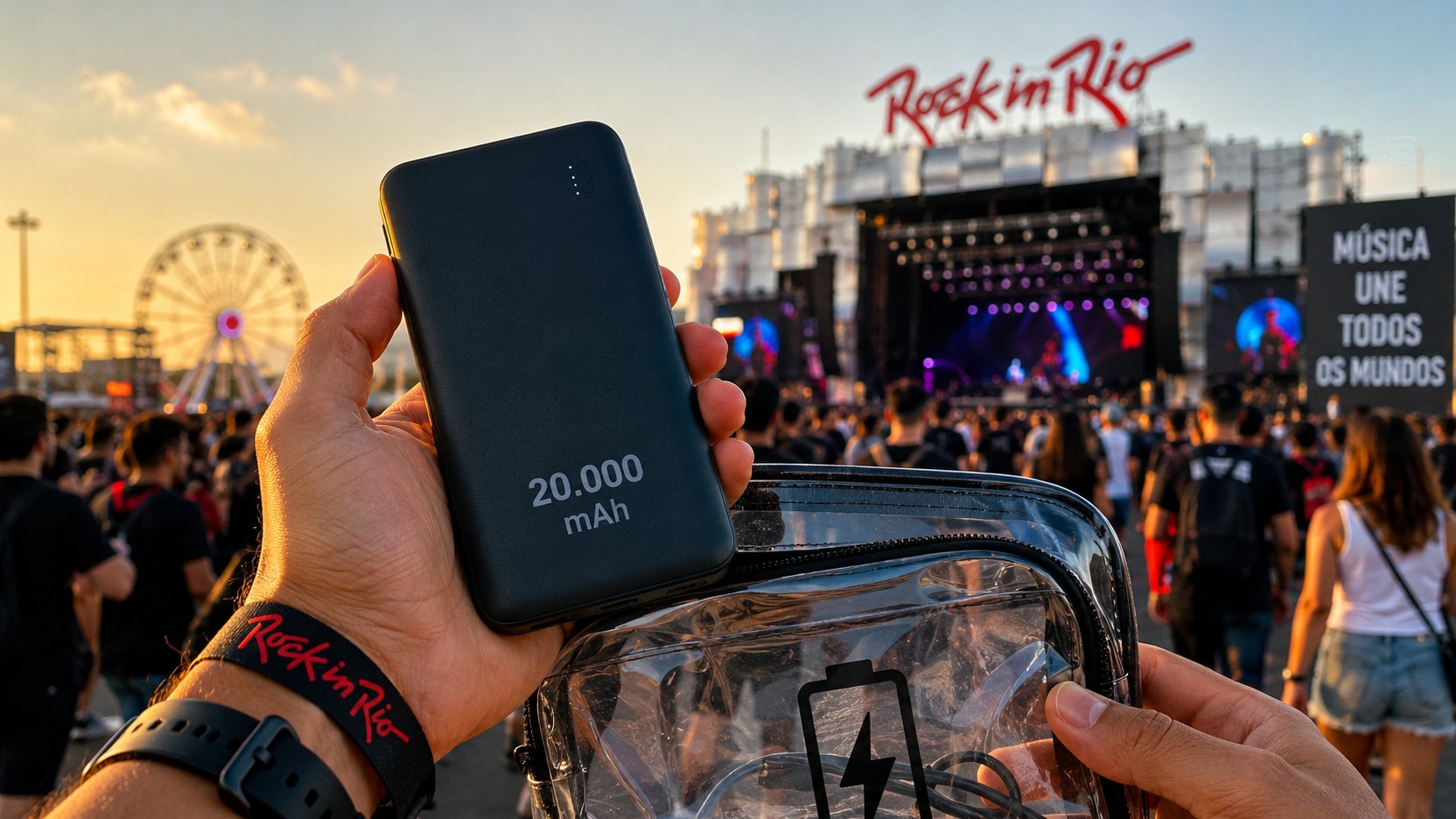Mão segura power bank preto marcado com 20.000 mAh diante de um palco de festival, com público, roda-gigante e bolsa transparente ao fundo.
