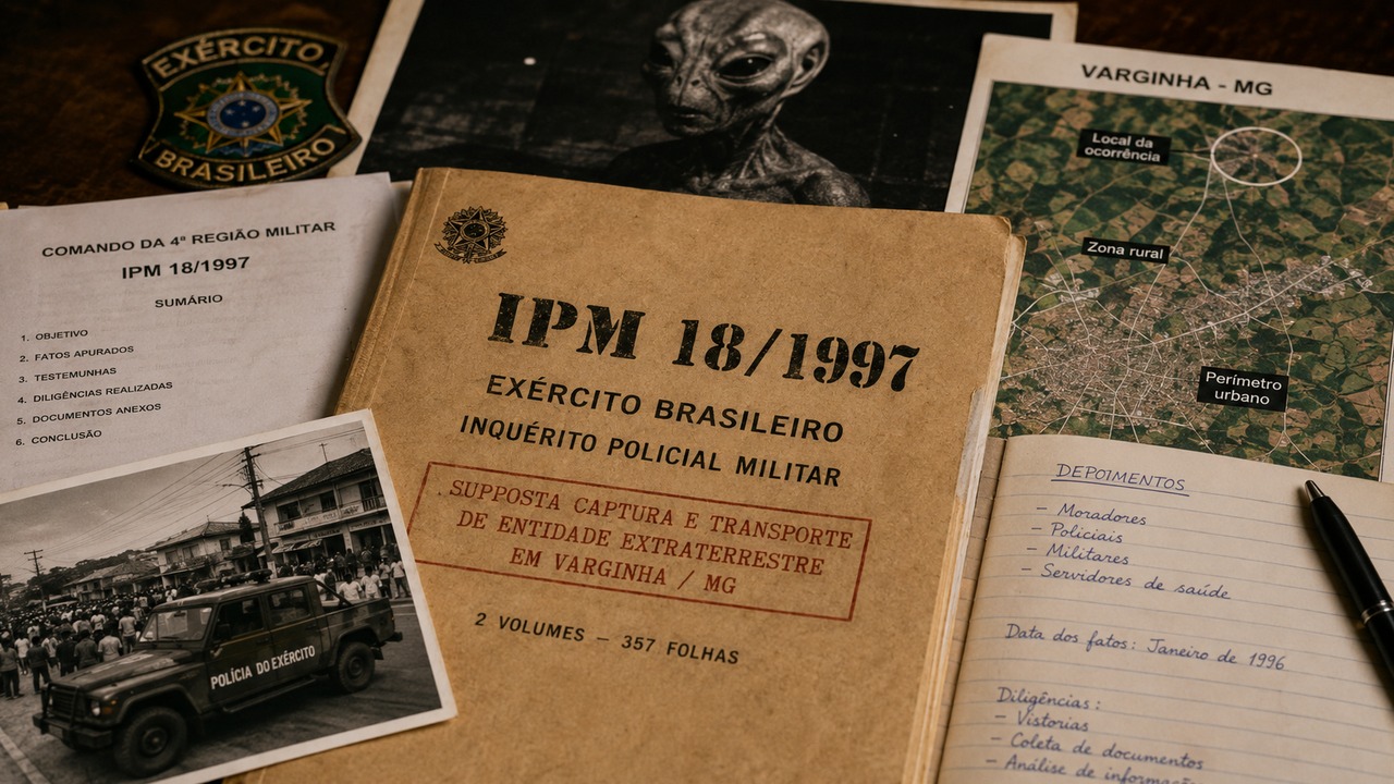 Composição ilustrativa com pasta de inquérito militar, mapa de Varginha, imagem simulada de criatura e anotações de depoimentos sobre o caso ET de Varginha.