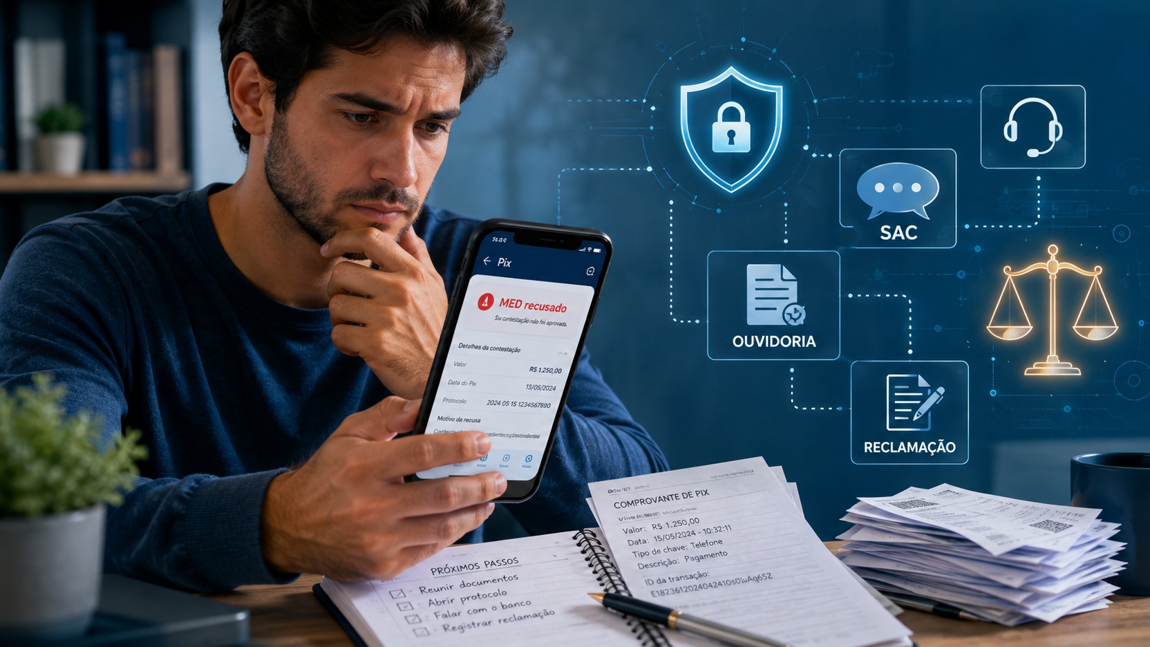 Homem analisa no celular uma mensagem de MED recusado, ao lado de comprovantes e de ícones que representam SAC, ouvidoria, reclamação, segurança e orientação jurídica.