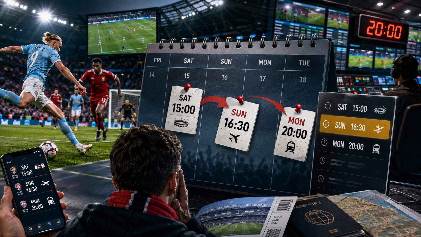 Torcedor diante de um calendário de jogos com cartões de sábado, domingo e segunda, telas de transmissão ao fundo e uma partida de futebol à esquerda.