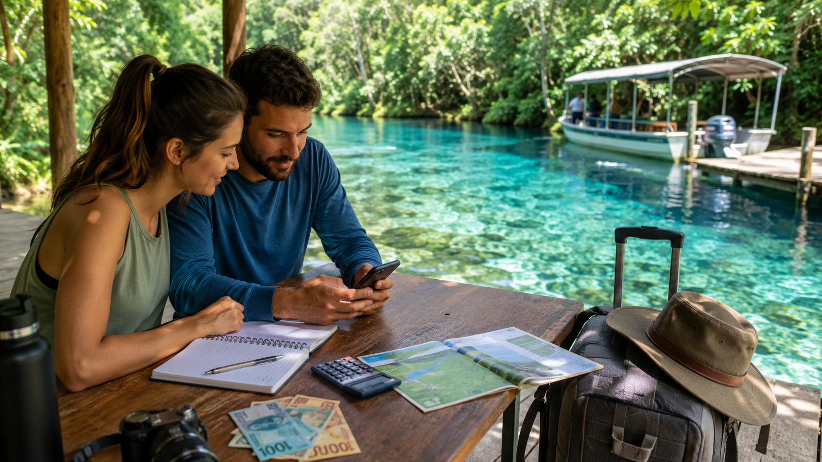 Casal planeja uma viagem ao lado de um rio de água cristalina, com celular, caderno, calculadora, mapa, dinheiro, mala e barco ao fundo.