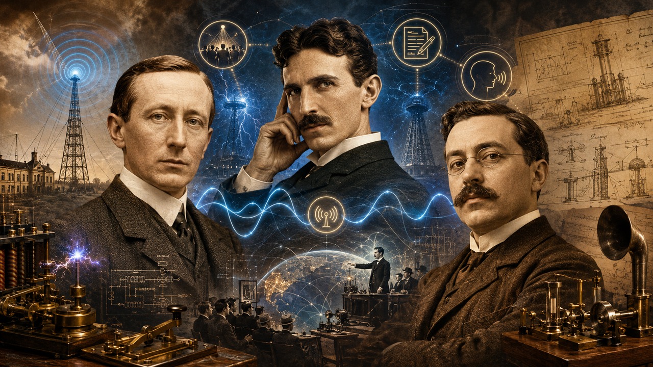 Ilustração editorial histórica com três inventores, torres e antenas, ondas azuis, esquemas de patente e aparelhos antigos de telegrafia e telefonia sem fio.