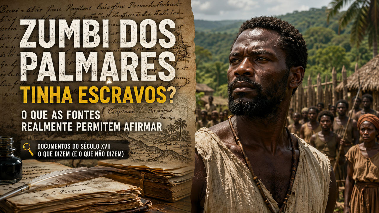 Ilustração editorial de um líder negro diante de um povoado fortificado de Palmares, ao lado de manuscritos antigos e mapas coloniais.