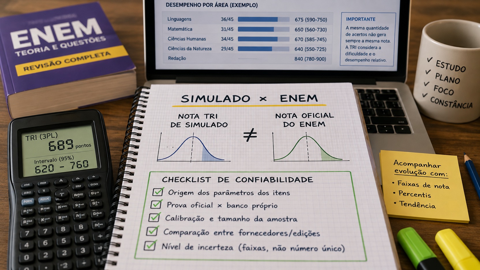 Mesa de estudos com caderno comparando nota TRI de simulado e nota oficial do Enem, calculadora com estimativa por faixa e checklist de confiabilidade.