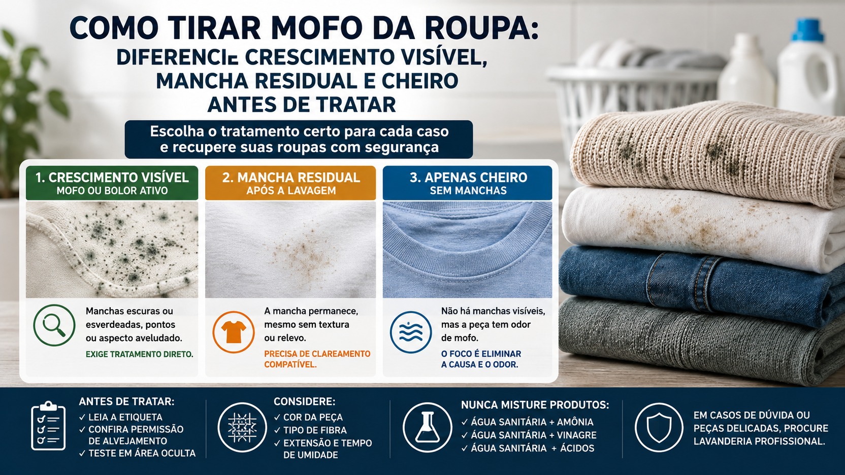 Infográfico em uma lavanderia mostrando três situações em roupas: crescimento visível de mofo, mancha residual após lavagem e peça sem manchas com cheiro de mofo, ao lado de roupas dobradas com marcas de bolor.