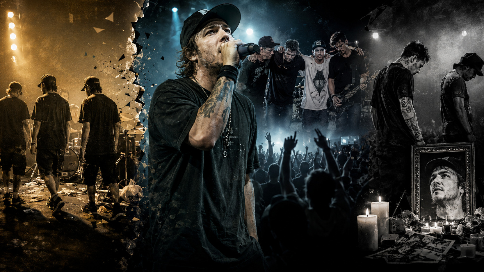 Montagem editorial de rock com vocalista de boné ao microfone, músicos se afastando à esquerda, reencontro no palco e memorial com velas à direita.