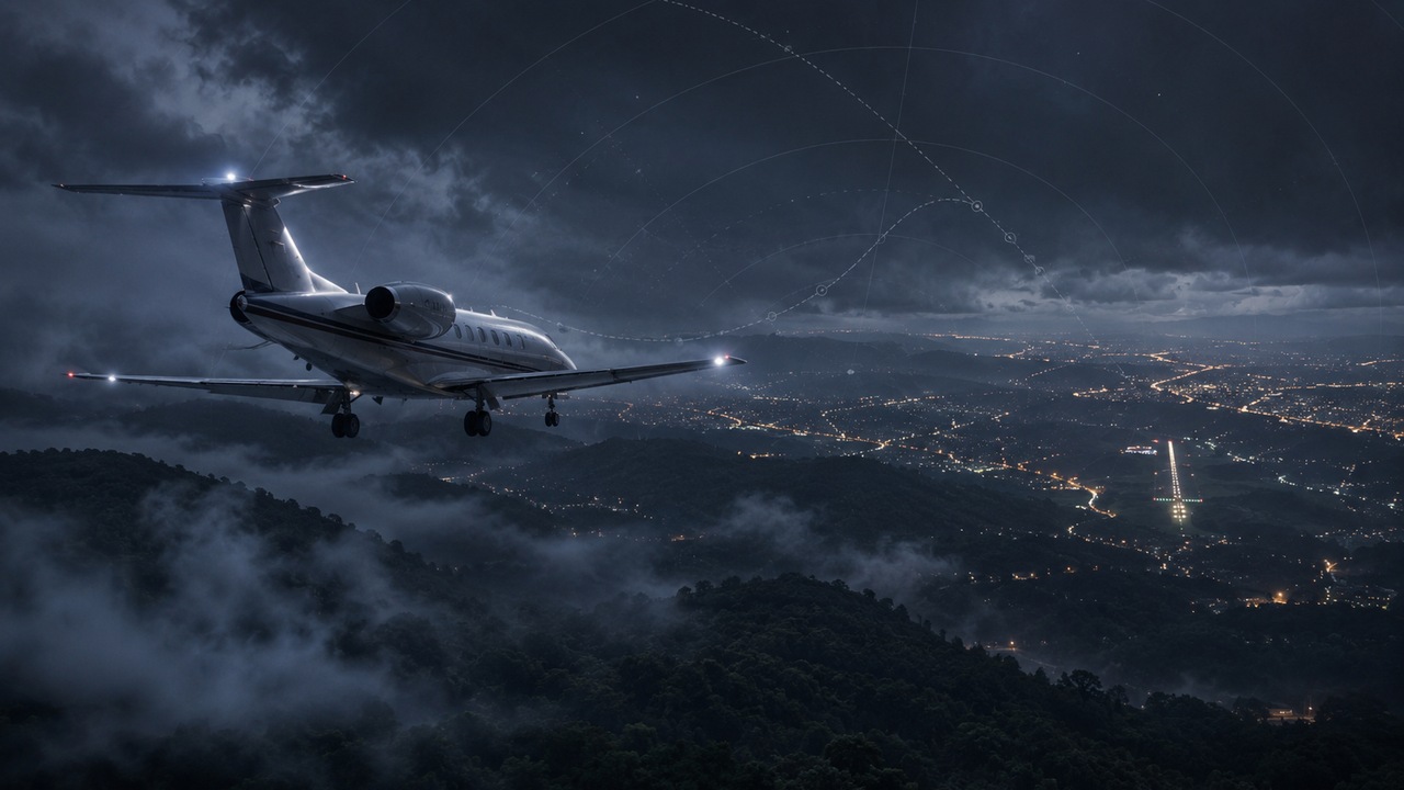 Ilustração realista de um jato executivo em aproximação noturna sobre cidade e serras, com linhas sutis de navegação no céu.