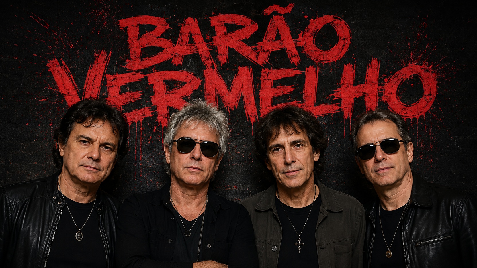 Imagem editorial gerada com quatro músicos de rock vestidos de preto diante de fundo escuro com a inscrição vermelha Barão Vermelho.