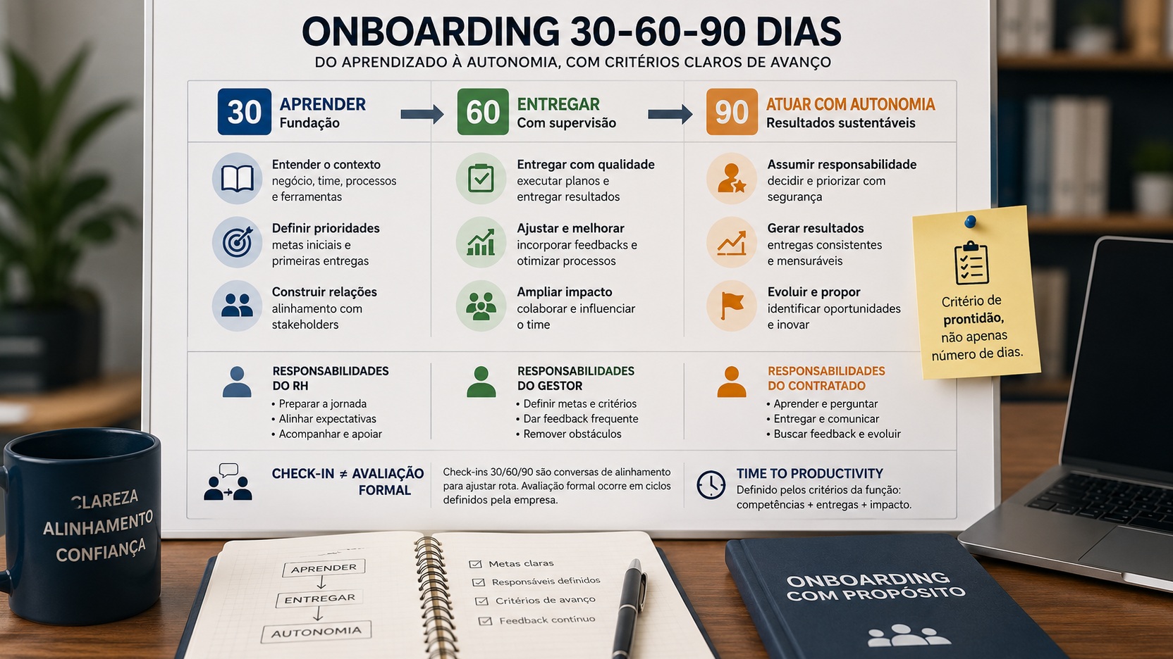 Mesa de trabalho diante de painel visual de onboarding 30-60-90 dias, com etapas de aprendizado, entrega e autonomia, responsabilidades e critérios de prontidão.