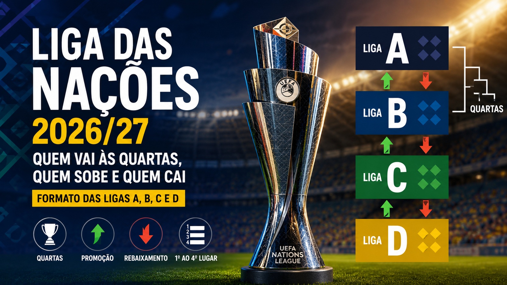 Arte horizontal sobre a Liga das Nações 2026/27 com troféu ao centro, painéis das Ligas A, B, C e D e setas indicando quartas, promoção e rebaixamento.
