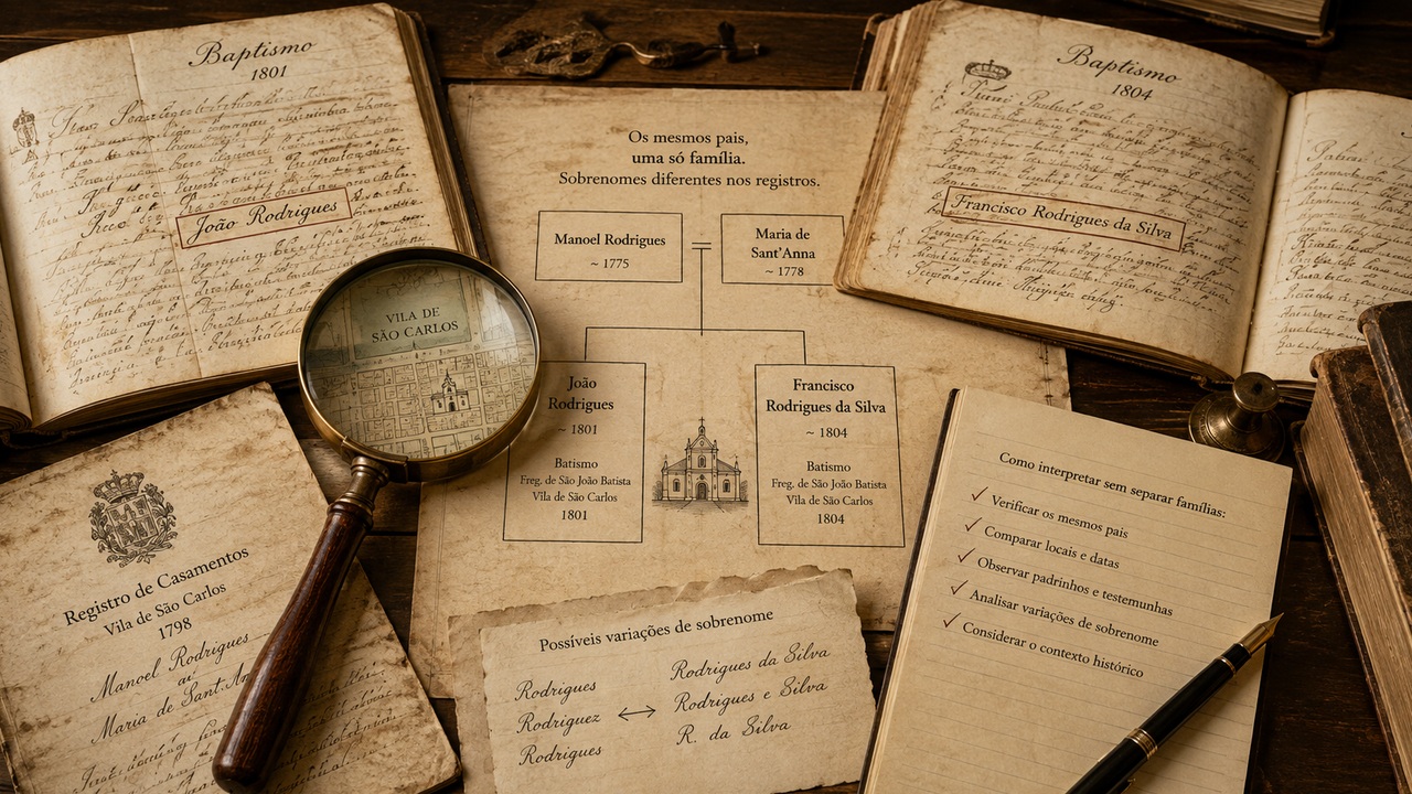 Mesa de pesquisa genealógica em tons sépia com registros antigos, lupa e árvore familiar ligando os mesmos pais a dois irmãos identificados com sobrenomes diferentes.