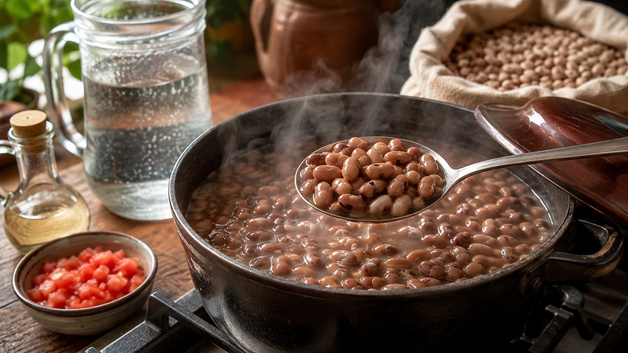 Panela de feijão fumegante com colher exibindo grãos, ao lado de tomate picado, jarra de água, pequeno recipiente com líquido e saco de feijão seco.