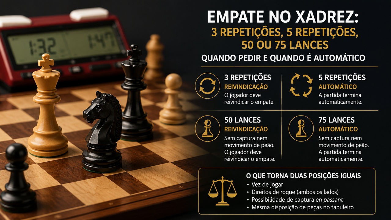 Tabuleiro de xadrez com peças claras e escuras, relógio digital ao fundo e painel explicando empates por 3 ou 5 repetições e por 50 ou 75 lances.