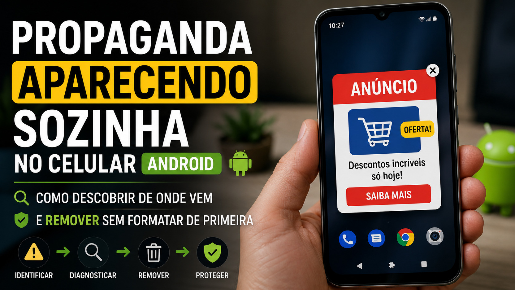 Mão segurando celular Android com anúncio em destaque, ao lado de texto sobre identificar, diagnosticar e remover propaganda que aparece sozinha.
