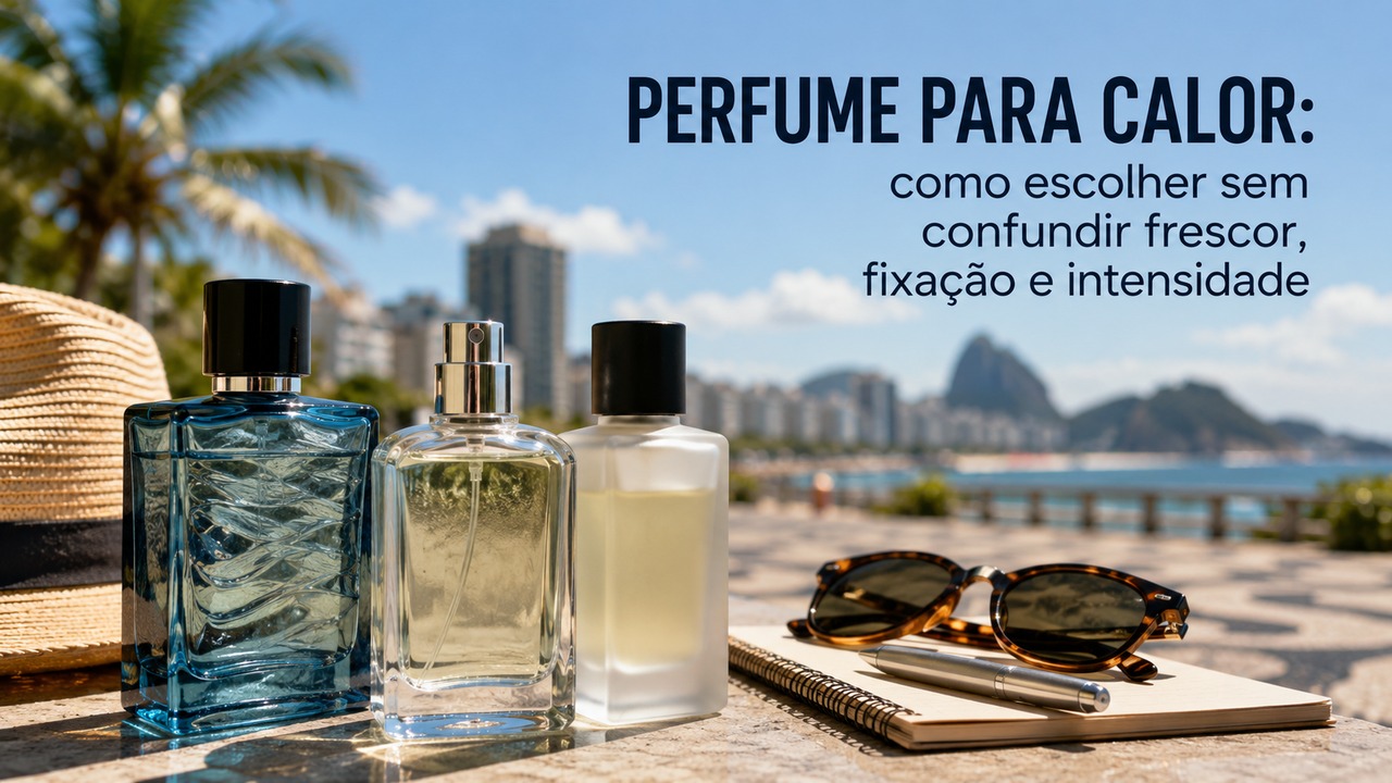 Três frascos de perfume sobre uma bancada ensolarada, com chapéu, óculos escuros e paisagem litorânea ao fundo.