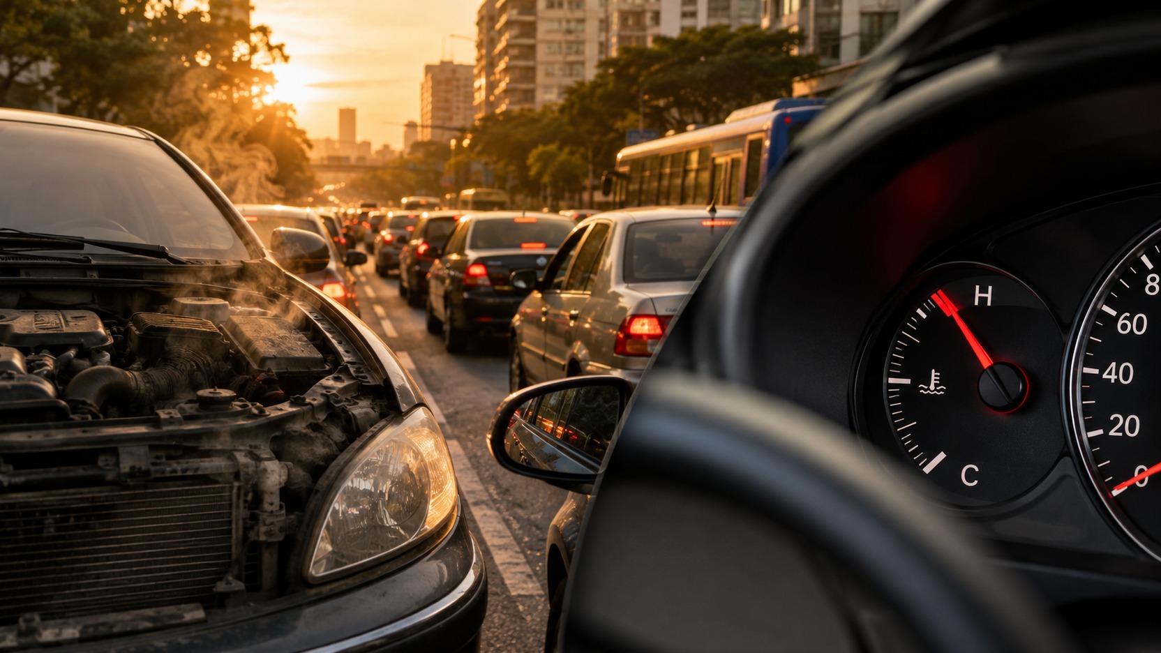 Congestionamento urbano ao entardecer, com carro de capô aberto e painel em primeiro plano indicando temperatura elevada do motor